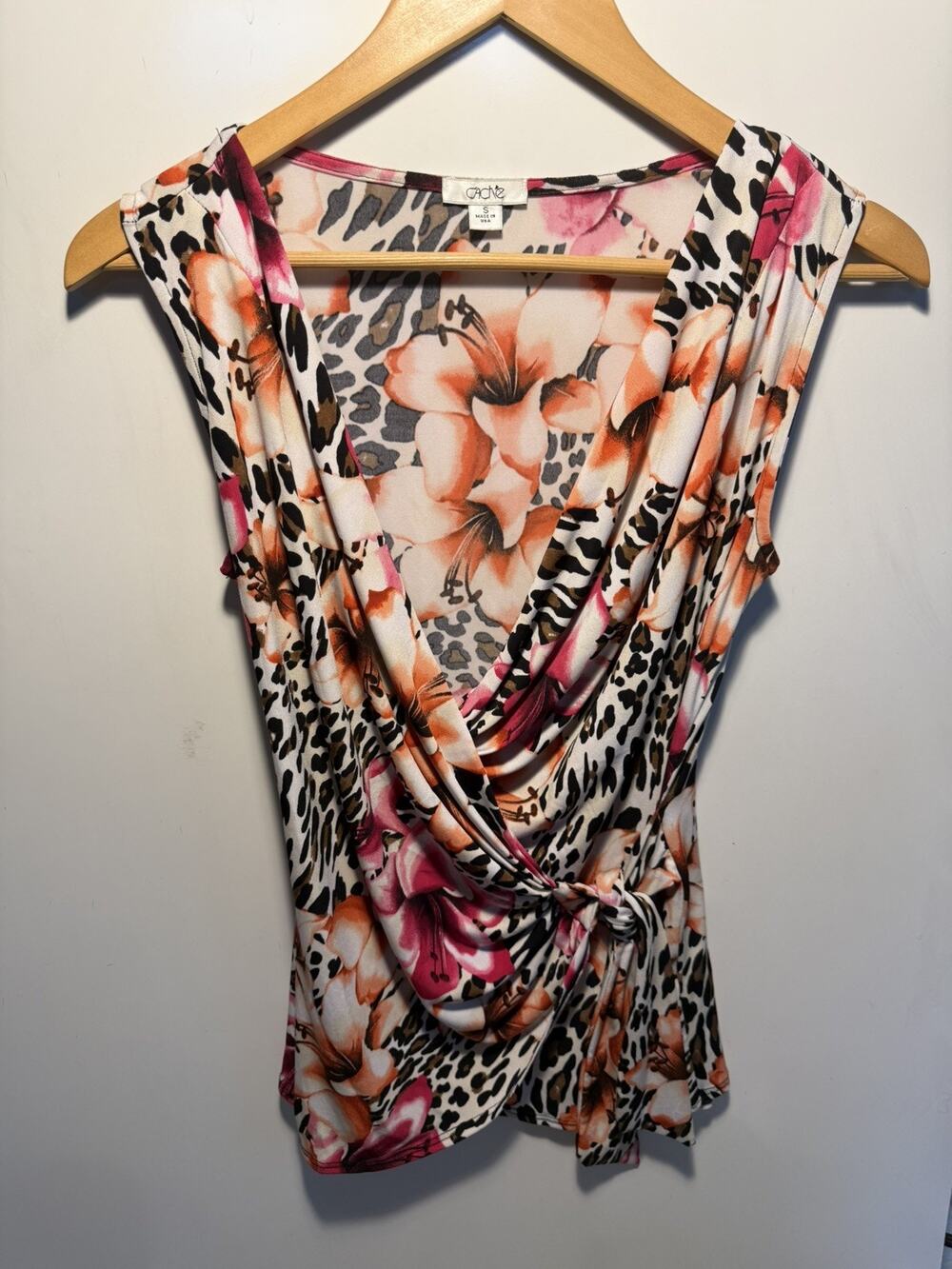 Cache Multicolor Floral Animal Print Knit Wrap/tie Sleeveless V-Neck top S Y2K